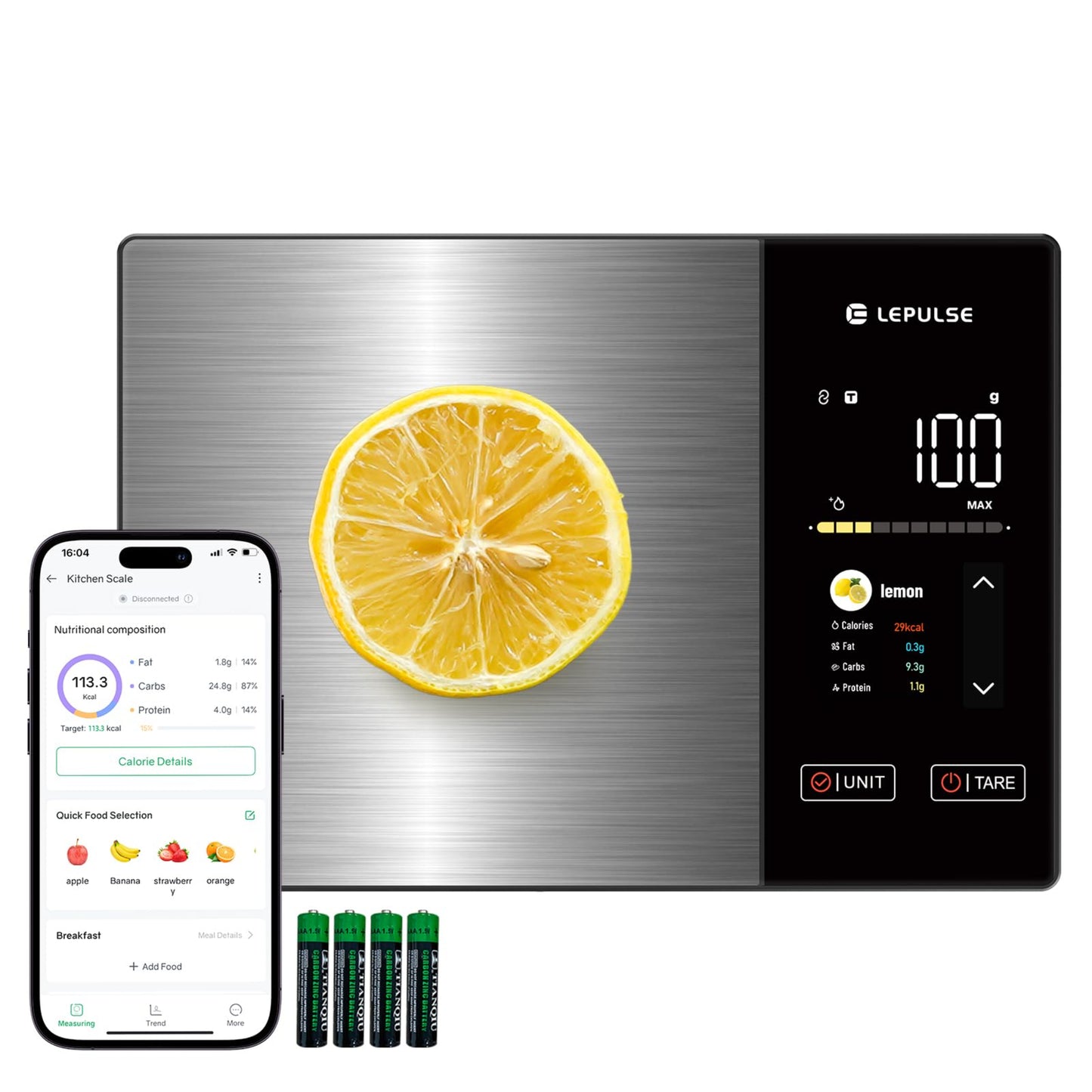 Lepulse Food Scale with Nutritional Calculator, Smart Digital Kitchen Scale for Weight Loss, App with 23 Nutrients Tracking, Calorie, Fat, Carbs, Premium Stainless Steel, 11lb