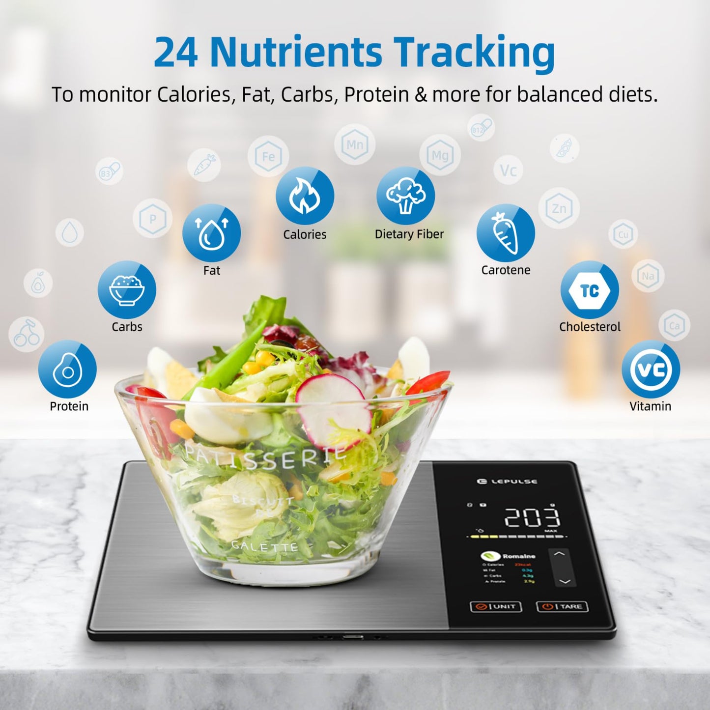 Lepulse Food Scale with Nutritional Calculator, Smart Digital Kitchen Scale for Weight Loss, App with 23 Nutrients Tracking, Calorie, Fat, Carbs, Premium Stainless Steel, 11lb