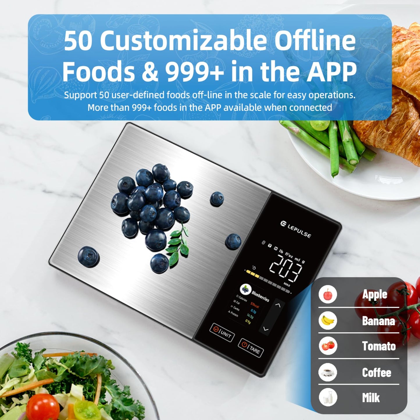 Lepulse Food Scale with Nutritional Calculator, Smart Digital Kitchen Scale for Weight Loss, App with 23 Nutrients Tracking, Calorie, Fat, Carbs, Premium Stainless Steel, 11lb