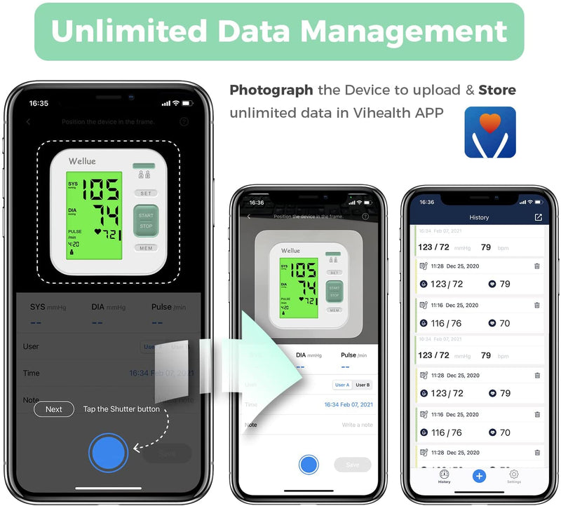 Wellue Bluetooth Blood Pressure Monitor - Digital Upper Arm Blood Pressure  with Wide Range Cuff, Large Backlit LCD Free APP